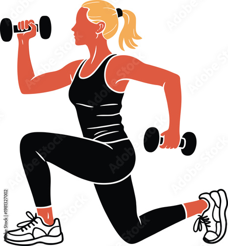 Illustration of a woman performing a lunge exercise with dumbbells