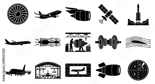 Aviation and aerospace engineering icons, 15 black vector silhouettes of jet engines and aircraft, satellite and rocket launch symbols for industry