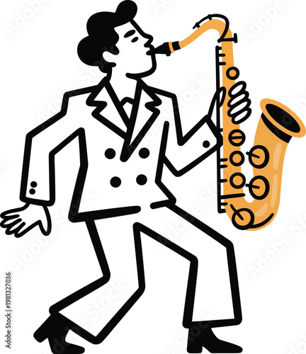 Illustration of a jazz musician playing a saxophone in a suit