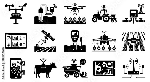 Smart agriculture icon set, 15 precision farming vector elements, digital agronomy and automated tractor symbols, innovative agritech icons for modern farming
