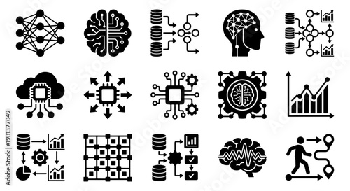 Artificial intelligence and machine learning icons set, 15 black vector elements for data science, neural network and deep learning concepts