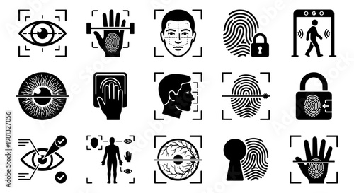 Biometric identification icon set, facial recognition and fingerprint scanning symbols, 15 black vector elements for digital security and access control