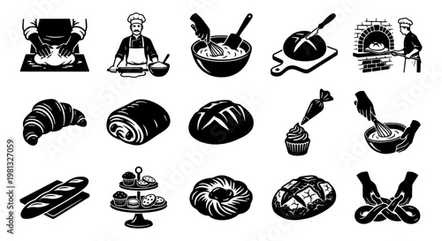 Vintage bakery icons set, black and white bread illustrations, 15 vector elements for pastry shop branding, artisanal baking process graphics