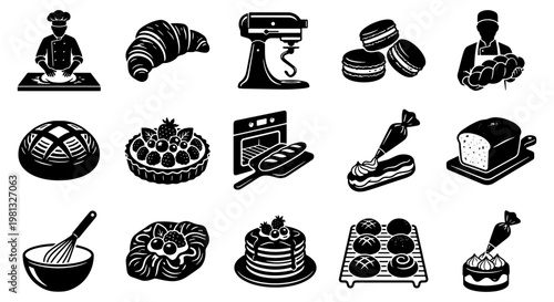 Bakery and pastry icon set, 15 black vector elements for bread and dessert shops, professional baking equipment and sweet treats collection