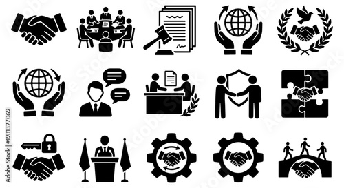 Business Diplomacy and Global Partnership Icons, Professional Handshake and Legal Agreement Vector Set, 15 Corporate Cooperation Symbols