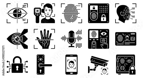 Biometric security icons set, facial recognition and fingerprint scanning vector elements, digital identity verification and surveillance system graphics