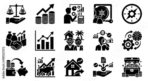 Financial investment icons set, 15 black vector pictograms for wealth management, retirement planning and stock market growth analysis