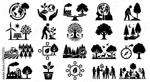 Environmental sustainability icons set, 20 ecology and reforestation vector symbols, black nature conservation and green energy glyphs for infographics