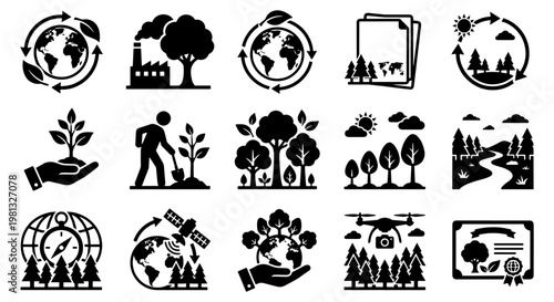 Environmental conservation icons set, 15 black vector ecology symbols, sustainable earth and reforestation graphics for climate change awareness
