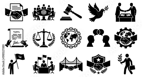 Diplomacy and international relations icon set, 15 black vector symbols for peace and global cooperation, legal justice and negotiation icons