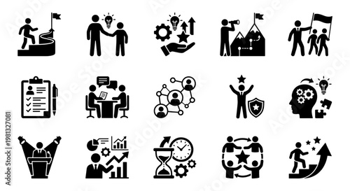 Business leadership icons set, professional management and career growth glyphs, 15 corporate success and teamwork vector elements for presentations