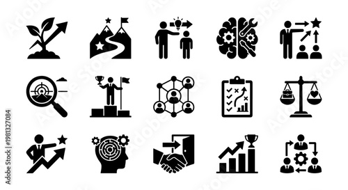 Business coaching and mentorship icons, 15 black solid vector symbols for leadership training, professional growth and career development concepts