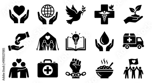 Charity and humanitarian aid icon set, 15 black solid vector symbols for non-profit organizations, social justice and community support graphics