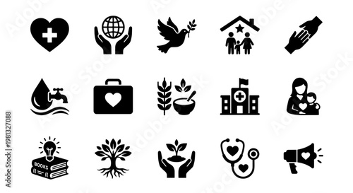 Charity and humanitarian aid icon set, 15 black solid vector symbols for non-profit organizations, social welfare and community support graphics