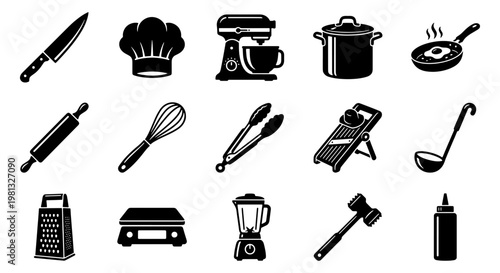 Professional kitchen utensils icon set, 15 black cooking equipment vector elements, chef tools and restaurant culinary appliances on white background