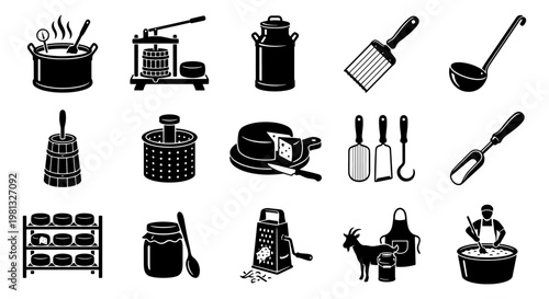 Traditional cheesemaking equipment icons, 15 artisan cheese production vector elements, rustic dairy farm tools and cheese manufacturing symbols