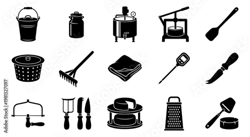 Professional cheesemaking equipment icons, 15 black vector elements for dairy production, artisanal cheese making tools and kitchen utensils set
