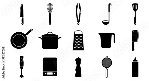 Professional kitchen utensils icon set, 15 black silhouette cooking tools, restaurant equipment vector elements for culinary menu design