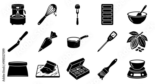 Chocolatier equipment icons set, professional chocolate making tools vector collection, 15 black silhouette icons for pastry chef and confectionery