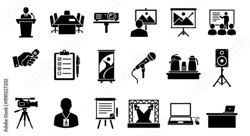 Business conference and seminar icon set, 18 black vector symbols for corporate events, professional presentation and meeting equipment icons