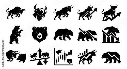 Bull and bear market icon set, 15 black vector silhouettes for stock trading and finance, financial market trend symbols with arrows and charts