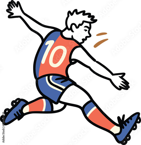 Cartoon illustration of a soccer player wearing a red and blue jersey with the number 10 running and kicking a ball