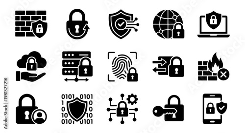 Cyber security icons set, 15 black glyph vector elements for data protection, network safety and privacy software interface design