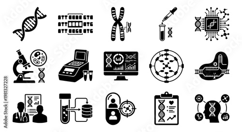 Genetics and biotechnology icon set, 15 black solid vector elements for DNA research, laboratory science and genomic engineering symbols