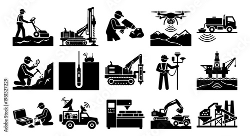 Industrial mining and geological survey icons set, heavy machinery and mineral exploration vector illustrations, 15 black pictograms for engineering