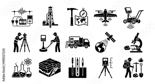 Geology and Geophysics Icon Set, 15 Black Vector Pictograms for Earth Science, Mining Exploration and Surveying Equipment Graphics