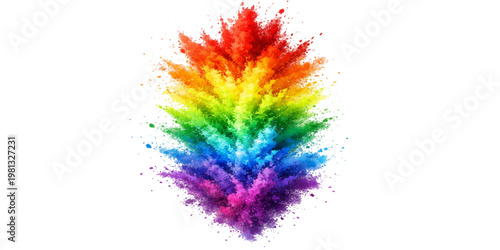Horizontal Rainbow Powder Explosion Banner with Bright Colorful Dust Particles and Paint Splashes, Vibrant Holi Style Pigment Burst in Red Orange Yellow Green Blue Purple.