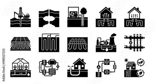 Geothermal energy icon set, 15 black glyph vectors of renewable heating systems, sustainable ground source heat pump technology for residential and industrial use