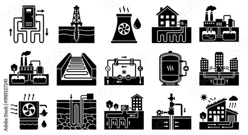 Geothermal energy icon set, 15 renewable heating and cooling vector elements, sustainable ground source heat pump systems for residential and industrial use