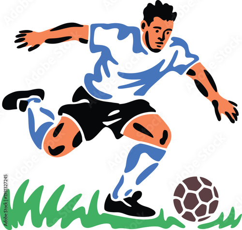 Illustration of a soccer player dribbling a ball on the grass