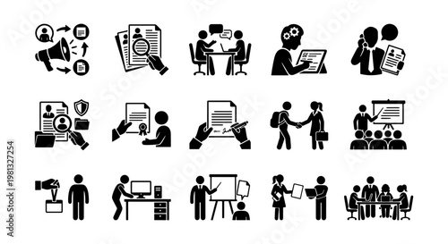 Human resources and recruitment icon set, 15 black vector pictograms for hiring and employment, business management and corporate office staff symbols