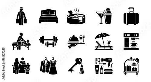 Hotel service icons set, luxury resort amenities and hospitality symbols, 15 black solid vector illustrations for travel and tourism apps