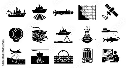 Oceanography and marine research vector icons set, 15 black silhouette symbols of underwater exploration, deep sea sonar and maritime technology