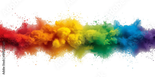Vibrant Rainbow Powder Explosion Banner with Colorful Dust Particles and Paint Splash, Red Orange Yellow Green Blue Purple Holi Style Pigment Burst Isolated on White Background.