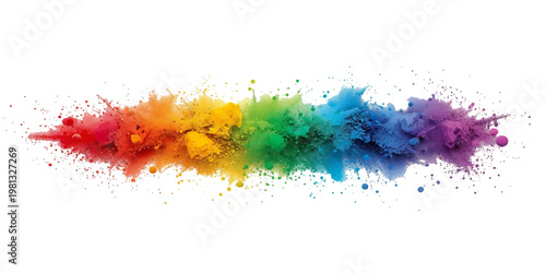 Vibrant Rainbow Powder Explosion Banner with Colorful Dust Particles and Paint Splash, Red Orange Yellow Green Blue Purple Holi Style Pigment Burst Isolated on White Background.