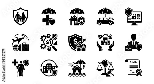 Insurance icons set with 15 black vector elements, risk management and protection symbols, financial security and life insurance glyphs for business