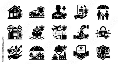 Insurance icons set of 15 black vector elements, protection and risk management symbols, financial security and health coverage graphics for business