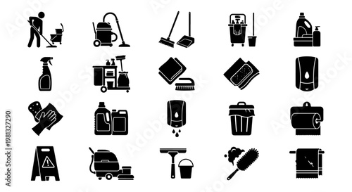 Professional cleaning service icons set, janitorial equipment and hygiene supplies vector collection, 20 black silhouette housework symbols for commercial maintenance