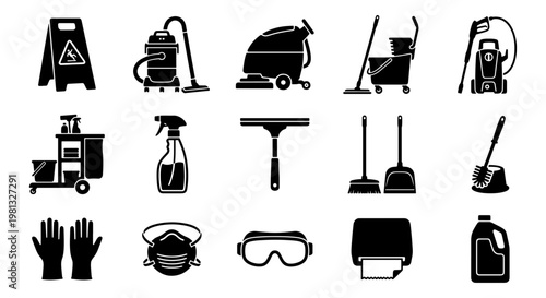 Professional cleaning equipment icons set, industrial janitorial service symbols, 15 black vector silhouettes for commercial sanitation and maintenance