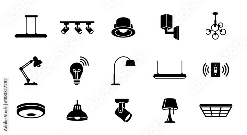 Modern lighting icons set, 15 black vector lamp symbols, interior light fixtures and electrical equipment collection for home and office design