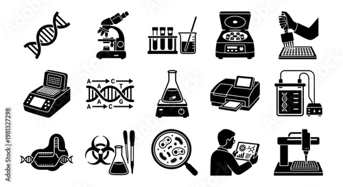 Laboratory equipment icons set, 15 biotechnology and genetics vector elements, scientific research tools for DNA analysis and medical testing