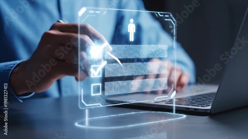Business professional interacting with futuristic digital interface on laptop