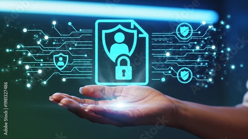 Hand holding glowing digital security icon with futuristic blue lighting