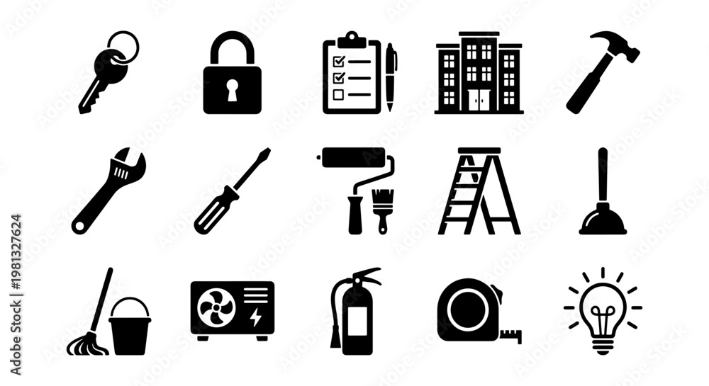 Fototapeta premium Property maintenance icons set, 15 black vector symbols for home repair and facility management, construction tools and building services collection