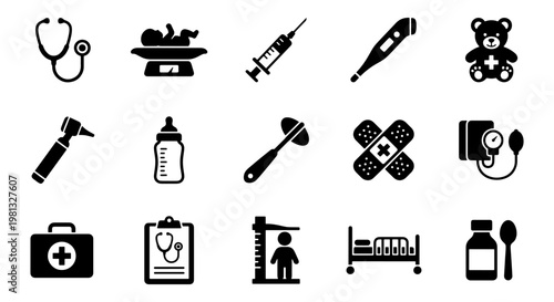 Pediatric medical icons set, 15 black silhouette baby healthcare symbols, professional neonatology and child clinic vector elements for hospital signage