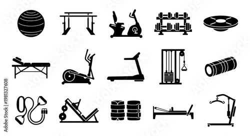Gym equipment icon set, 15 black fitness machine vectors, workout and exercise gear collection for health club branding and sports apps